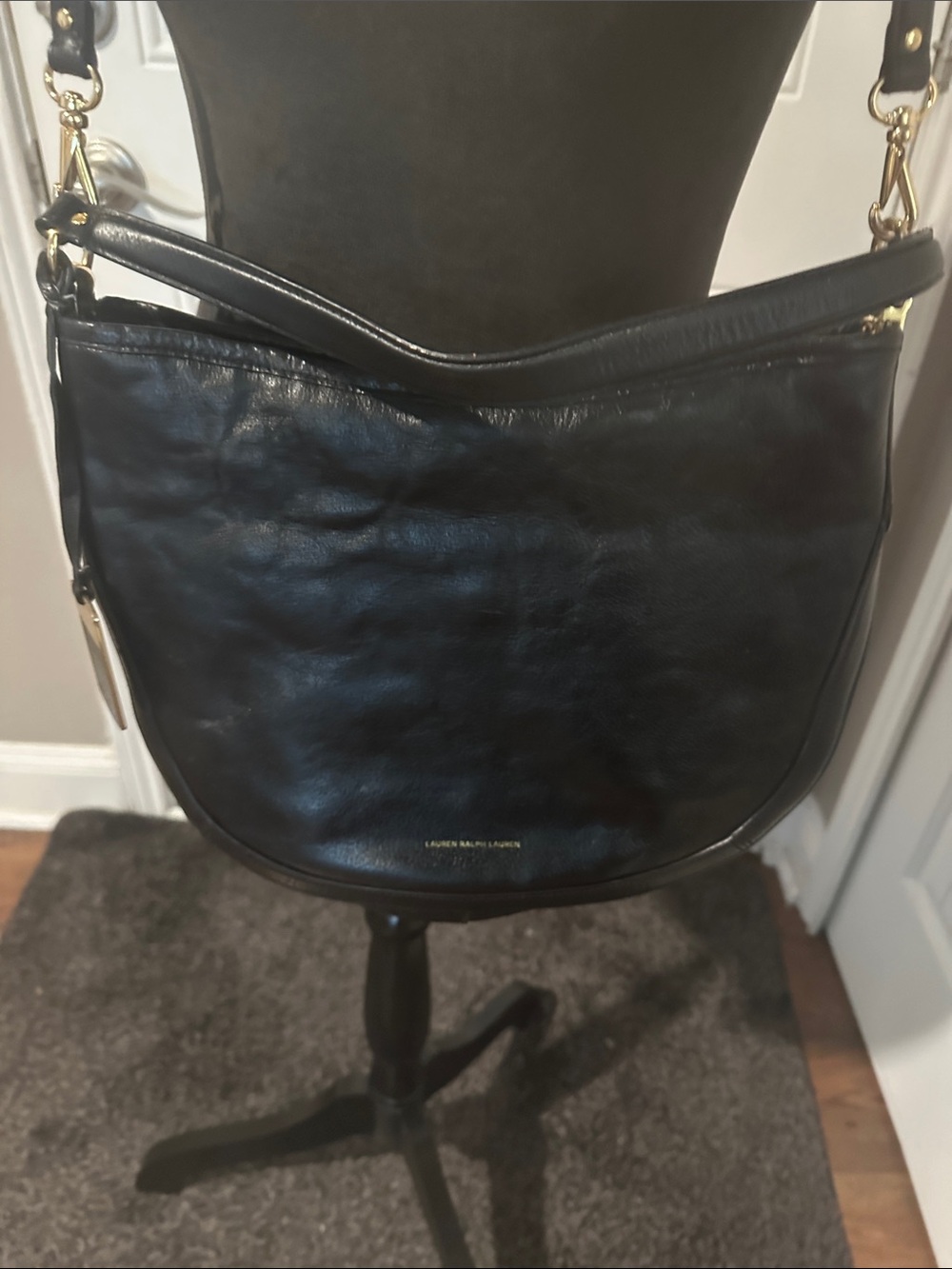 Lauren Ralph Lauren Black Leather Shoulder Bag with Gold Hardware